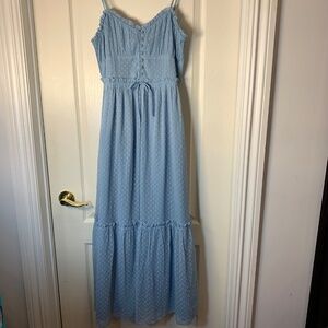 Prairie  Blue Swiss Dot Maxi Dress Ruffle Straps Boho Cottage M Patrons of Peace